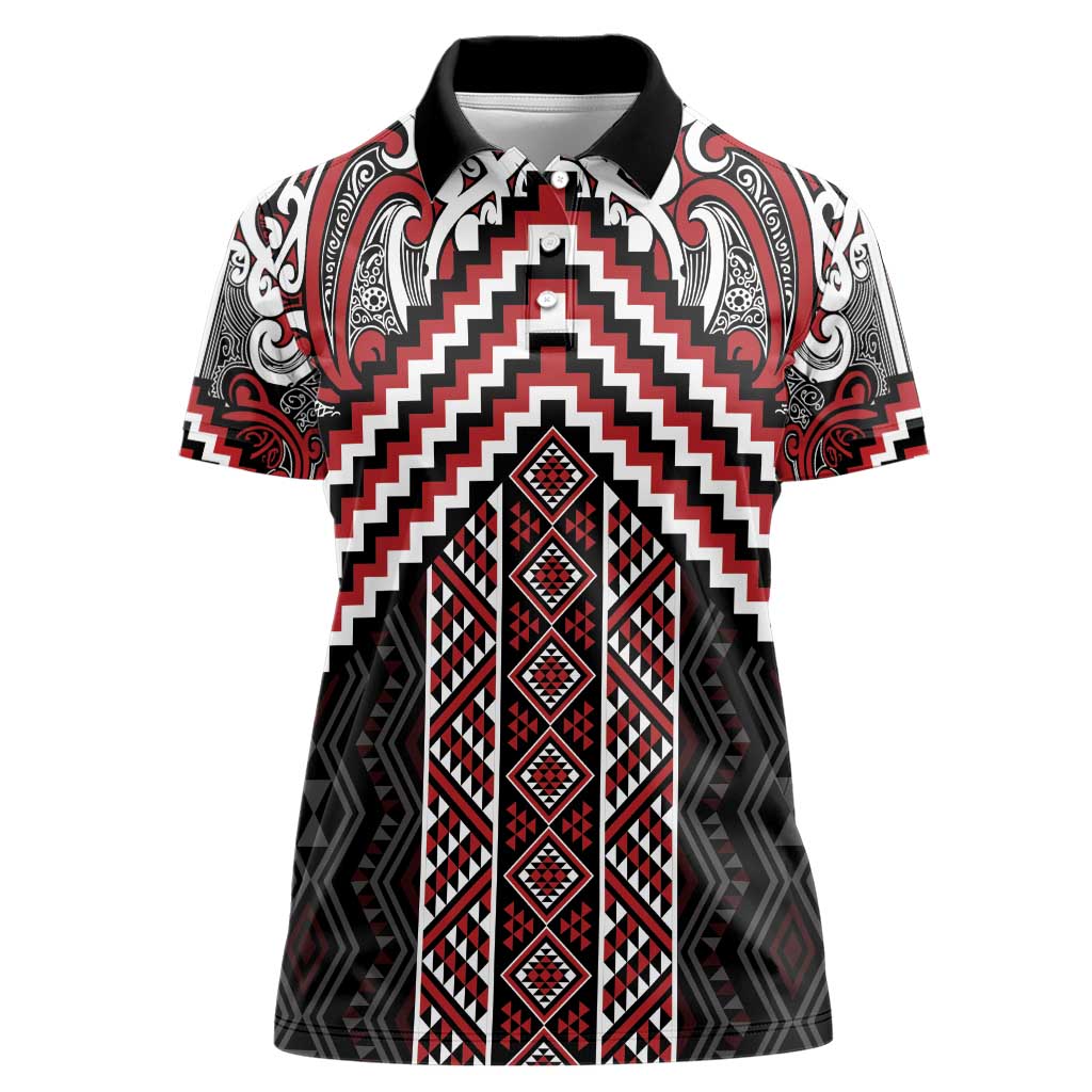 Maori Tukutuku Taniko Motifs Women Polo Shirt Red Poutama Mix Kowhaiwhai
