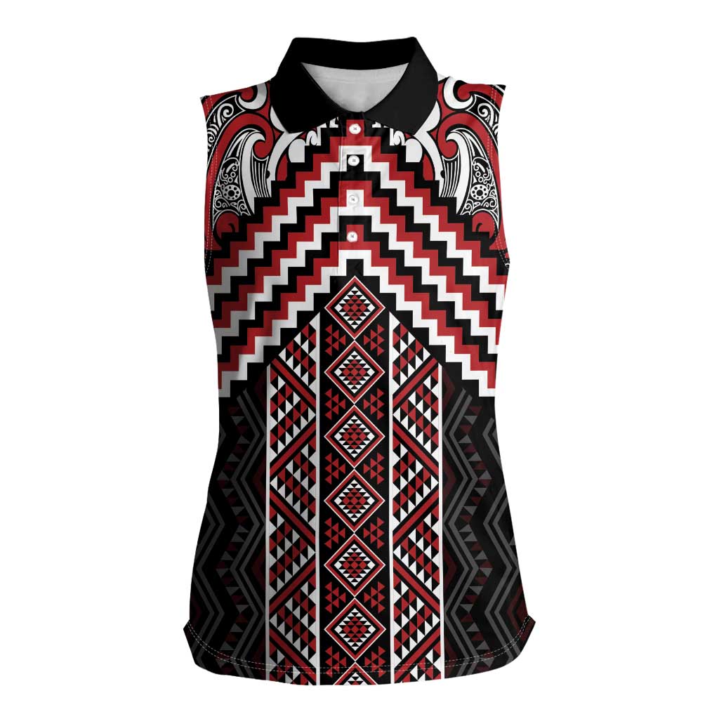 Maori Tukutuku Taniko Motifs Women Sleeveless Polo Shirt Red Poutama Mix Kowhaiwhai LT7 Female Red - Polynesian Pride