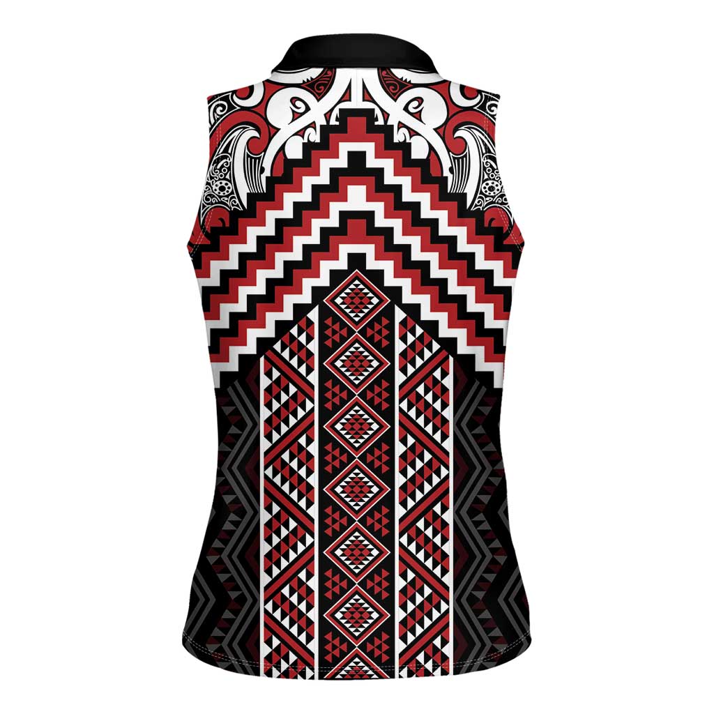 Maori Tukutuku Taniko Motifs Women Sleeveless Polo Shirt Red Poutama Mix Kowhaiwhai LT7 - Polynesian Pride