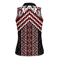 Maori Tukutuku Taniko Motifs Women Sleeveless Polo Shirt Red Poutama Mix Kowhaiwhai LT7 - Polynesian Pride