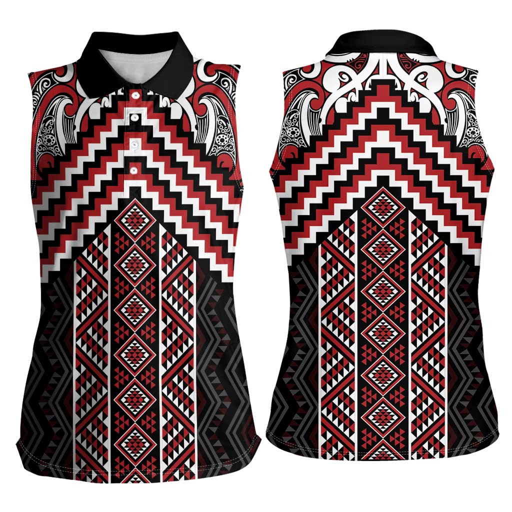 Maori Tukutuku Taniko Motifs Women Sleeveless Polo Shirt Red Poutama Mix Kowhaiwhai LT7 - Polynesian Pride