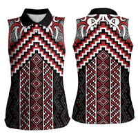 Maori Tukutuku Taniko Motifs Women Sleeveless Polo Shirt Red Poutama Mix Kowhaiwhai LT7 - Polynesian Pride