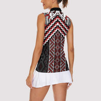 Maori Tukutuku Taniko Motifs Women Sleeveless Polo Shirt Red Poutama Mix Kowhaiwhai LT7 - Polynesian Pride