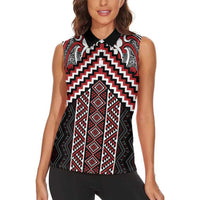 Maori Tukutuku Taniko Motifs Women Sleeveless Polo Shirt Red Poutama Mix Kowhaiwhai LT7 - Polynesian Pride