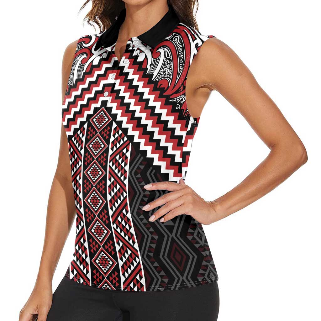 Maori Tukutuku Taniko Motifs Women Sleeveless Polo Shirt Red Poutama Mix Kowhaiwhai LT7 - Polynesian Pride