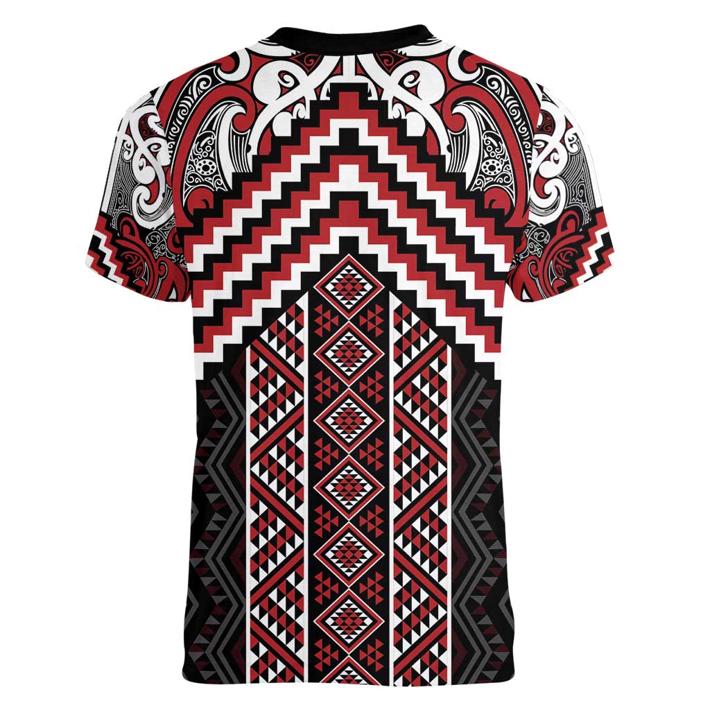 Maori Tukutuku Taniko Motifs Women V-Neck T-Shirt Red Poutama Mix Kowhaiwhai LT7 - Polynesian Pride