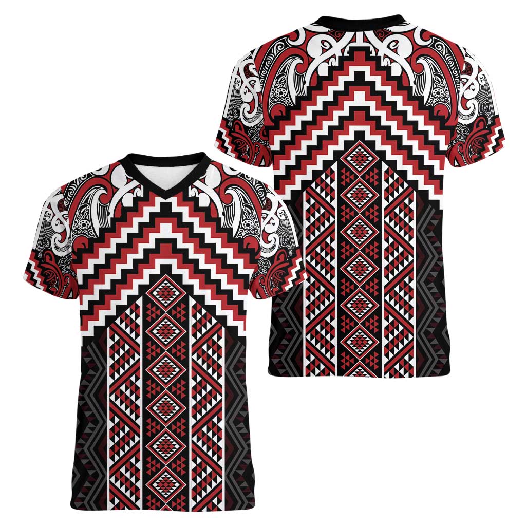 Maori Tukutuku Taniko Motifs Women V-Neck T-Shirt Red Poutama Mix Kowhaiwhai LT7 - Polynesian Pride