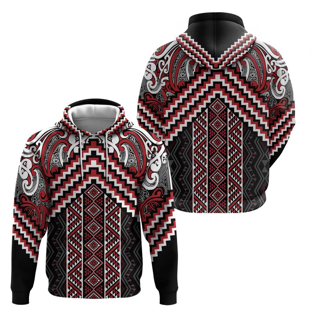 Maori Tukutuku Taniko Motifs Zip Hoodie Red Poutama Mix Kowhaiwhai LT7 - Polynesian Pride