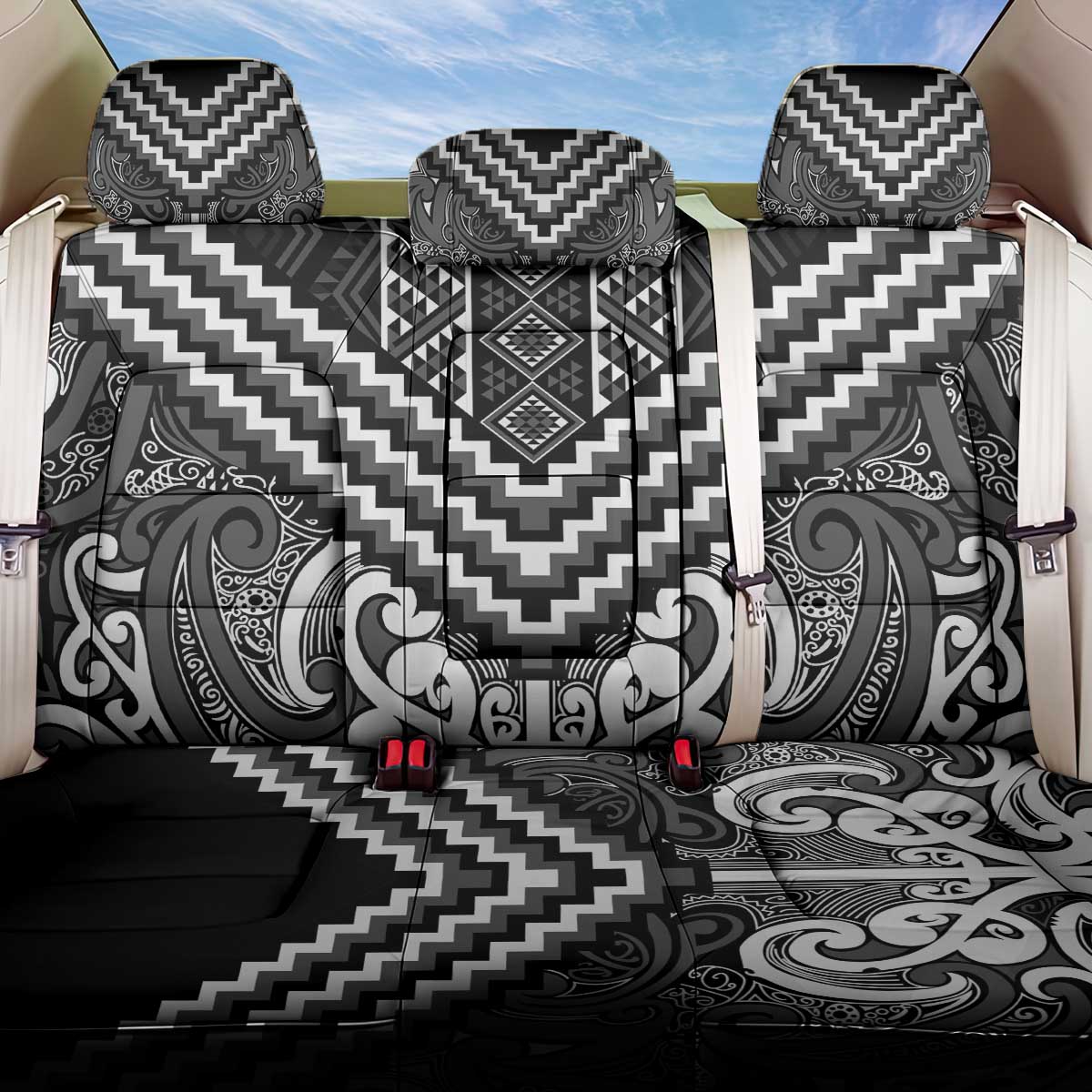 Maori Tukutuku Taniko Motifs Back Car Seat Cover Black Poutama Mix Kowhaiwhai LT7 One Size Black - Polynesian Pride