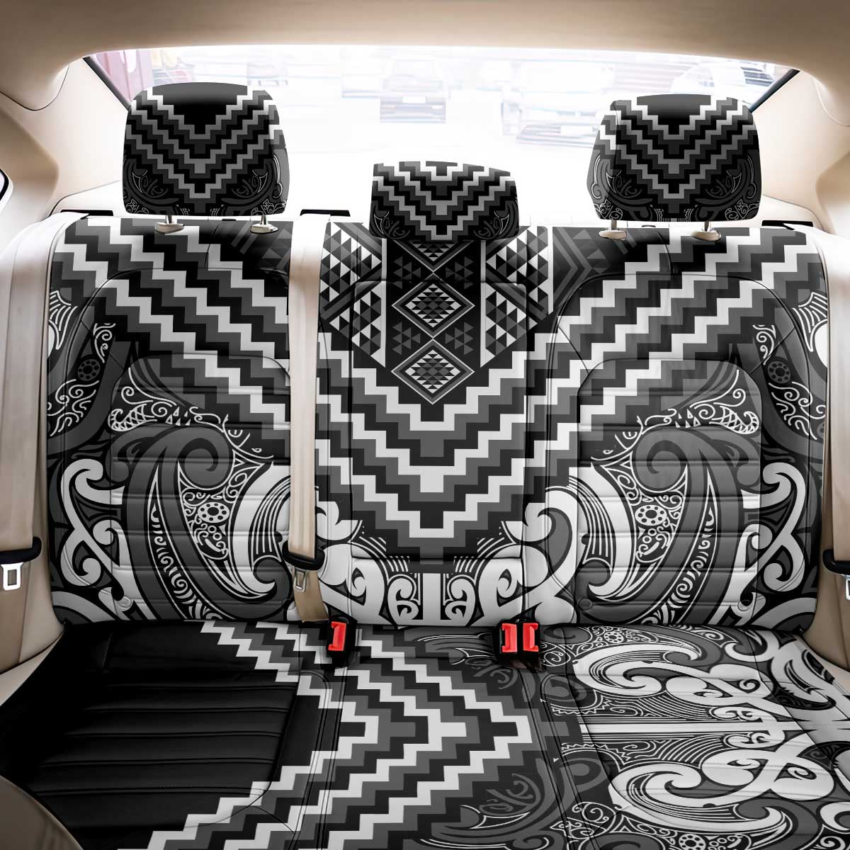 Maori Tukutuku Taniko Motifs Back Car Seat Cover Black Poutama Mix Kowhaiwhai LT7 - Polynesian Pride