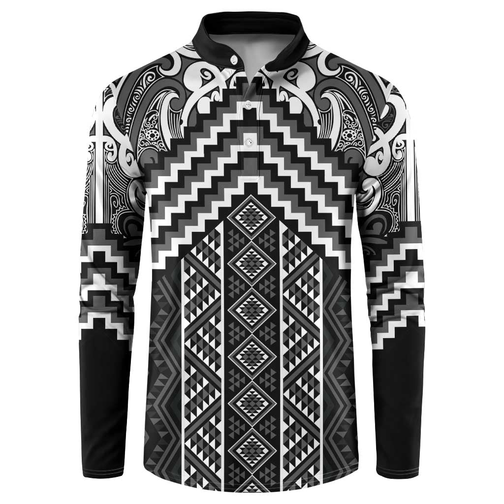 Maori Tukutuku Taniko Motifs Button Sweatshirt Black Poutama Mix Kowhaiwhai