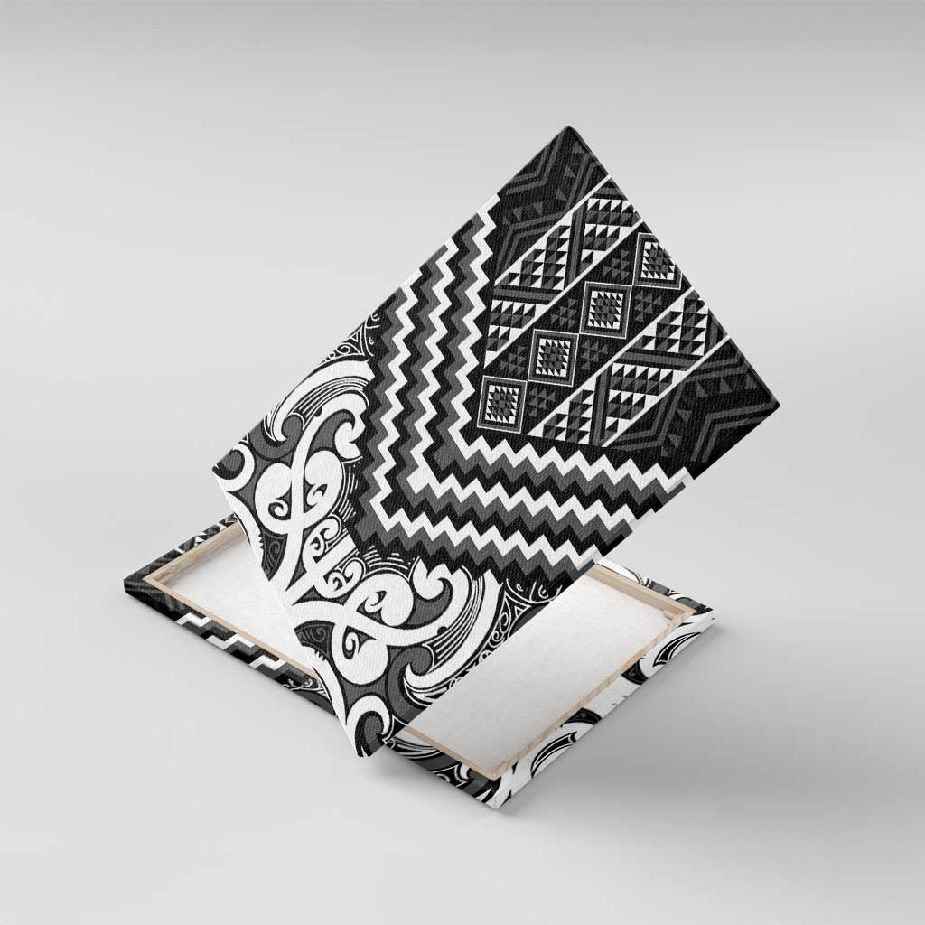 Maori Tukutuku Taniko Motifs Canvas Wall Art Black Poutama Mix Kowhaiwhai LT7 With Frame Black - Polynesian Pride