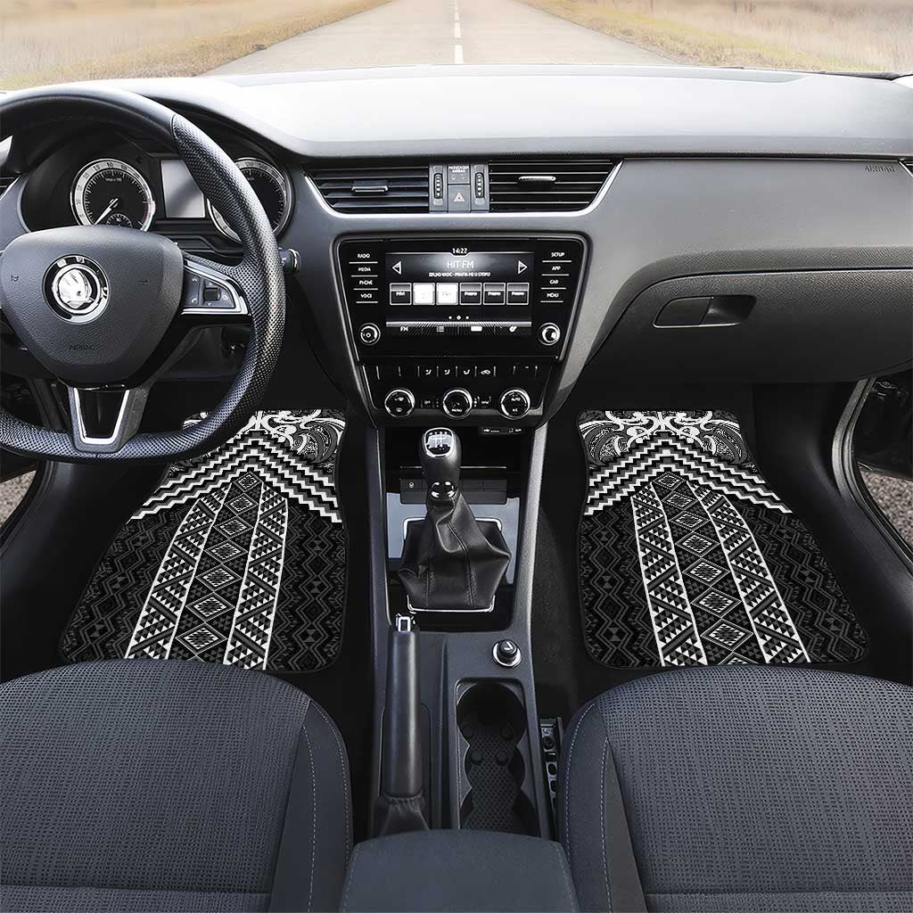 Maori Tukutuku Taniko Motifs Car Mats Black Poutama Mix Kowhaiwhai LT7 Set 2pcs - Front Black - Polynesian Pride