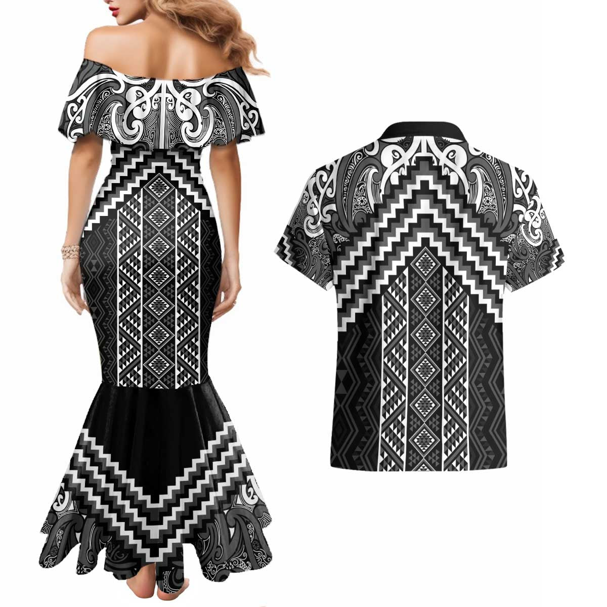 Maori Tukutuku Taniko Motifs Couples Matching Mermaid Dress and Hawaiian Shirt Black Poutama Mix Kowhaiwhai LT7 - Polynesian Pride
