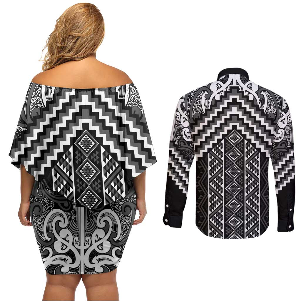 Maori Tukutuku Taniko Motifs Couples Matching Off Shoulder Short Dress and Long Sleeve Button Shirt Black Poutama Mix Kowhaiwhai LT7 - Polynesian Pride