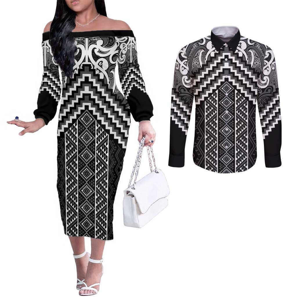Maori Tukutuku Taniko Motifs Couples Matching Off The Shoulder Long Sleeve Dress and Long Sleeve Button Shirt Black Poutama Mix Kowhaiwhai LT7 Black - Polynesian Pride