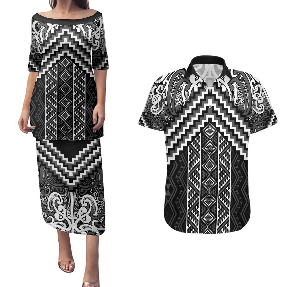 Maori Tukutuku Taniko Motifs Couples Matching Puletasi and Hawaiian Shirt Black Poutama Mix Kowhaiwhai LT7 Black - Polynesian Pride