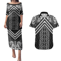 Maori Tukutuku Taniko Motifs Couples Matching Puletasi and Hawaiian Shirt Black Poutama Mix Kowhaiwhai LT7 Black - Polynesian Pride