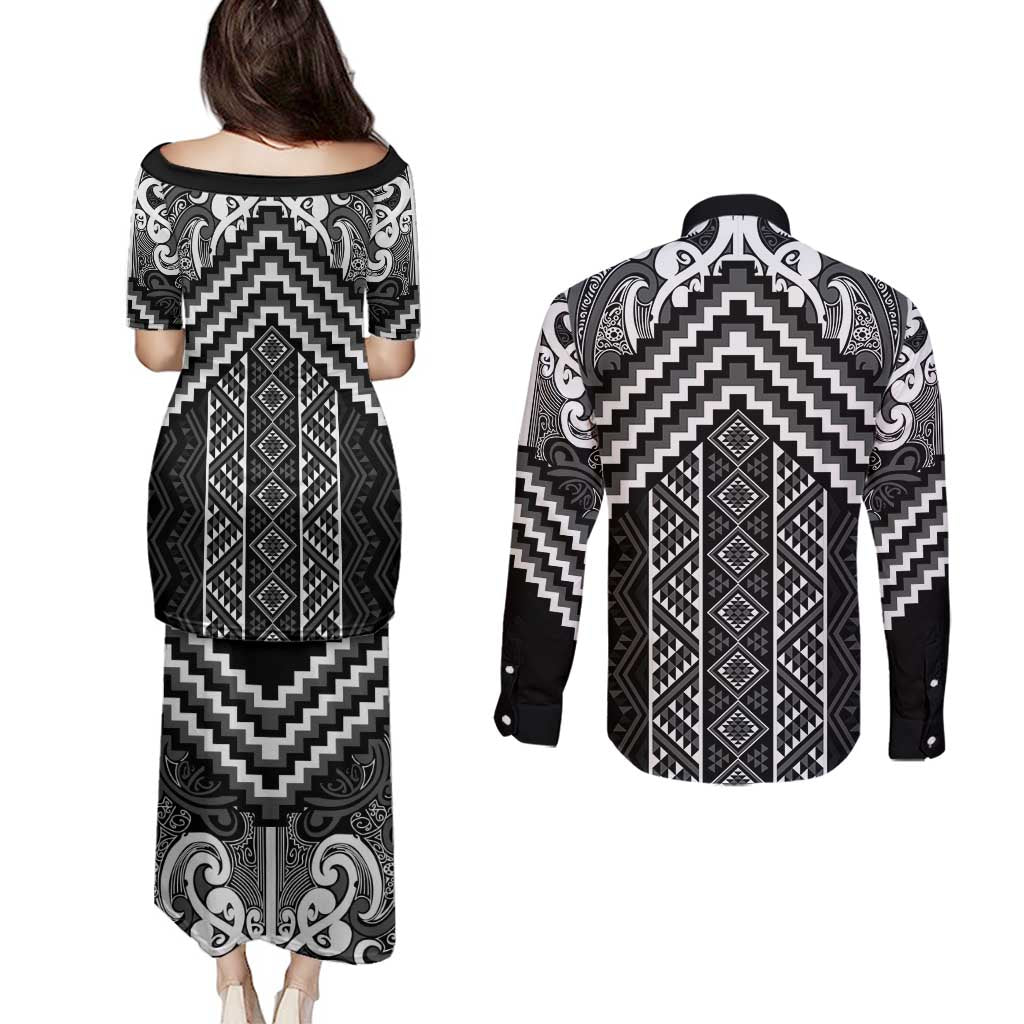 Maori Tukutuku Taniko Motifs Couples Matching Puletasi and Long Sleeve Button Shirt Black Poutama Mix Kowhaiwhai LT7 - Polynesian Pride
