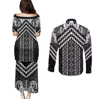 Maori Tukutuku Taniko Motifs Couples Matching Puletasi and Long Sleeve Button Shirt Black Poutama Mix Kowhaiwhai LT7 - Polynesian Pride