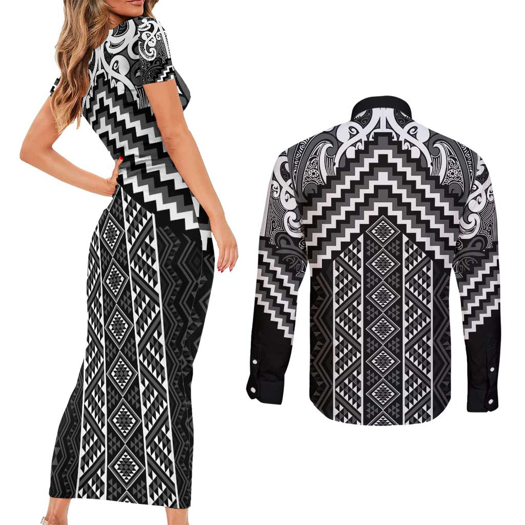 Maori Tukutuku Taniko Motifs Couples Matching Short Sleeve Bodycon Dress and Long Sleeve Button Shirt Black Poutama Mix Kowhaiwhai LT7 - Polynesian Pride