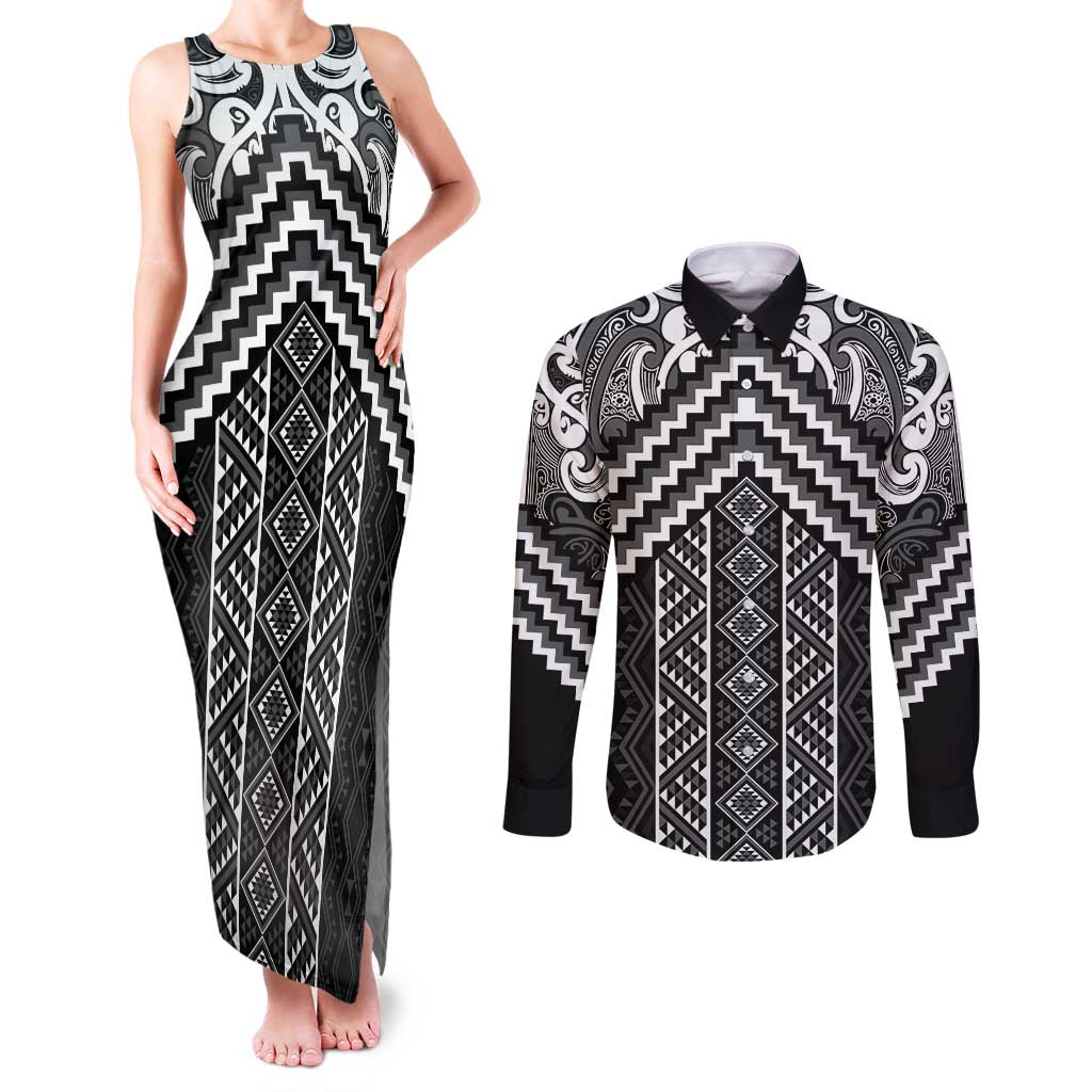 Maori Tukutuku Taniko Motifs Couples Matching Tank Maxi Dress and Long Sleeve Button Shirt Black Poutama Mix Kowhaiwhai LT7 Black - Polynesian Pride