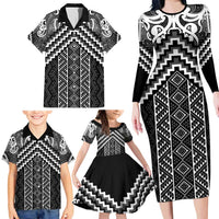 Maori Tukutuku Taniko Motifs Family Matching Long Sleeve Bodycon Dress and Hawaiian Shirt Black Poutama Mix Kowhaiwhai LT7 - Polynesian Pride