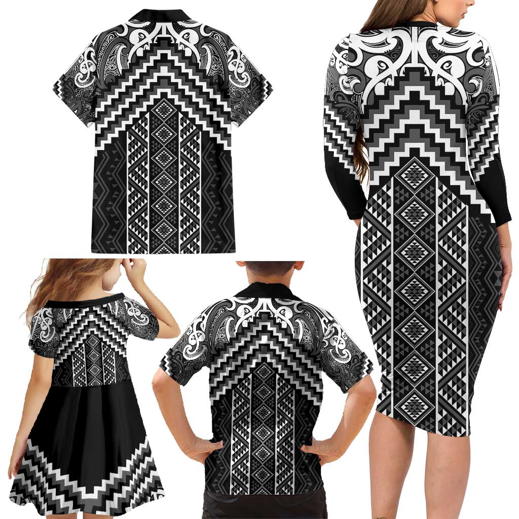 Maori Tukutuku Taniko Motifs Family Matching Long Sleeve Bodycon Dress and Hawaiian Shirt Black Poutama Mix Kowhaiwhai LT7 - Polynesian Pride