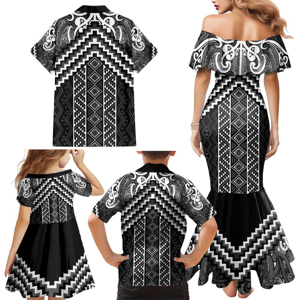 Maori Tukutuku Taniko Motifs Family Matching Mermaid Dress and Hawaiian Shirt Black Poutama Mix Kowhaiwhai LT7 - Polynesian Pride