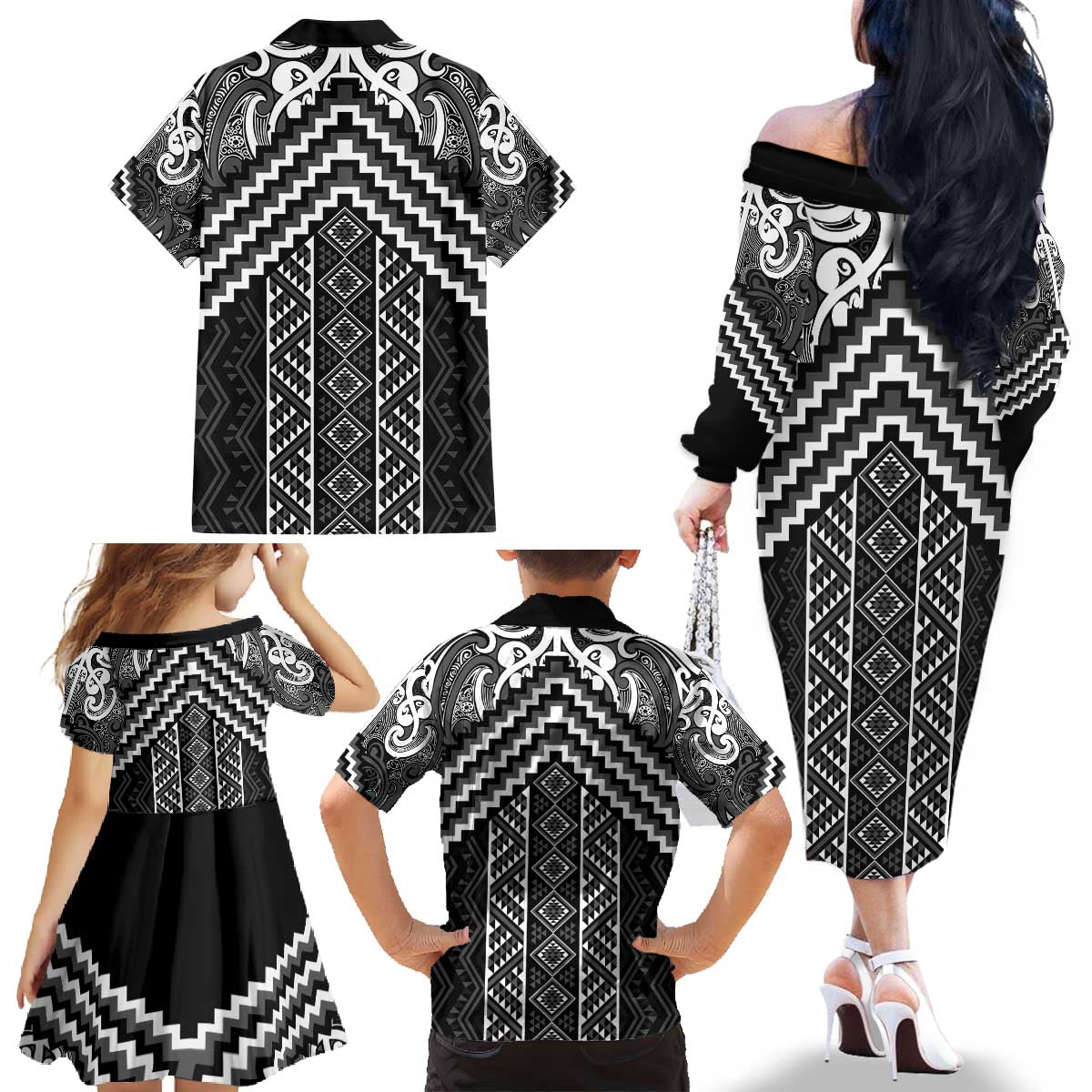 Maori Tukutuku Taniko Motifs Family Matching Off The Shoulder Long Sleeve Dress and Hawaiian Shirt Black Poutama Mix Kowhaiwhai LT7 - Polynesian Pride
