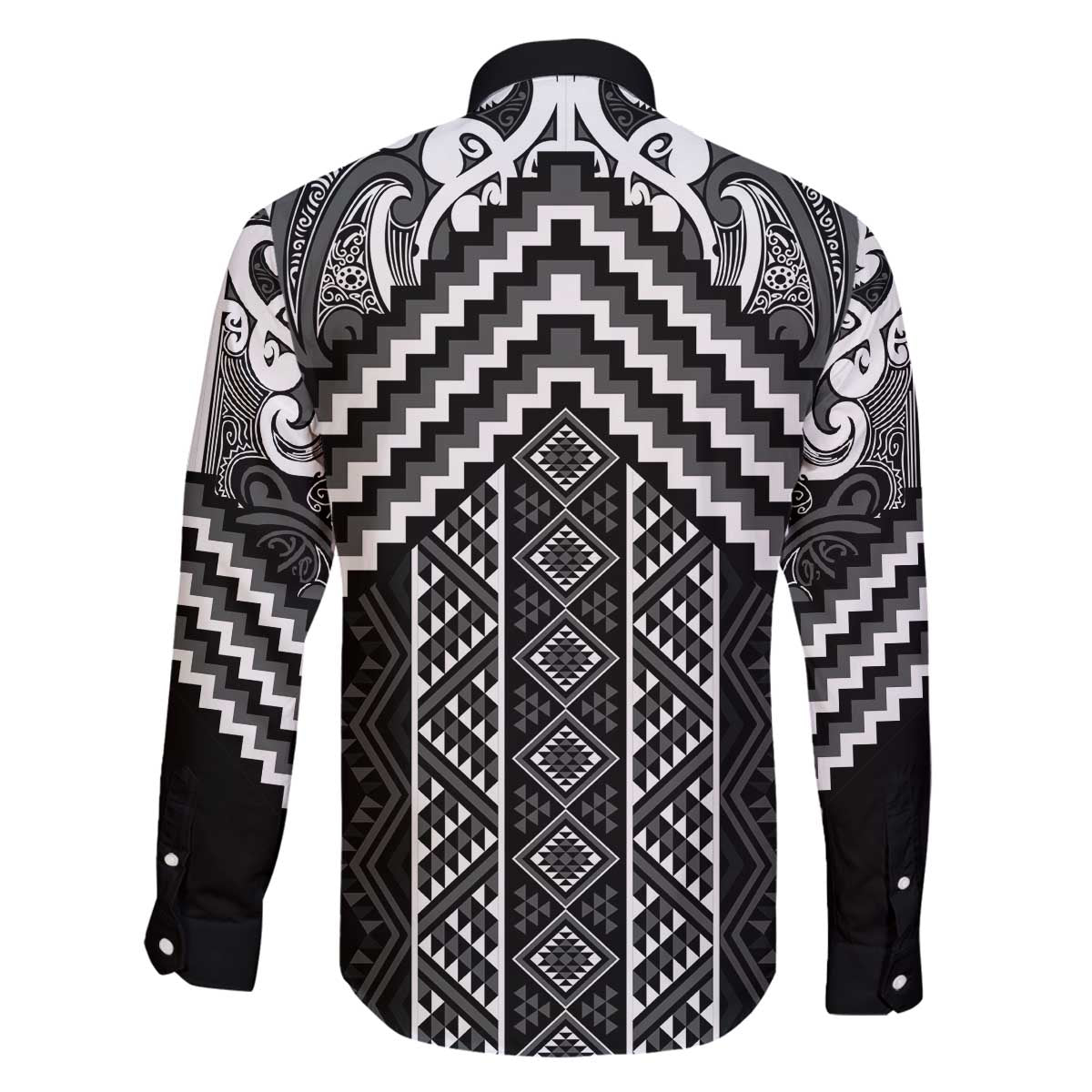 Maori Tukutuku Taniko Motifs Family Matching Off The Shoulder Long Sleeve Dress and Hawaiian Shirt Black Poutama Mix Kowhaiwhai LT7 - Polynesian Pride