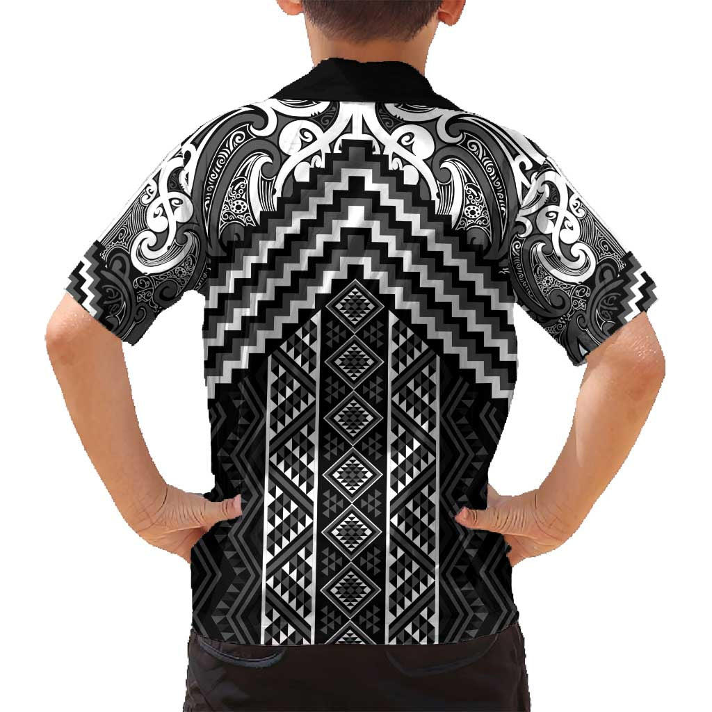 Maori Tukutuku Taniko Motifs Family Matching Off Shoulder Maxi Dress and Hawaiian Shirt Black Poutama Mix Kowhaiwhai LT7 - Polynesian Pride