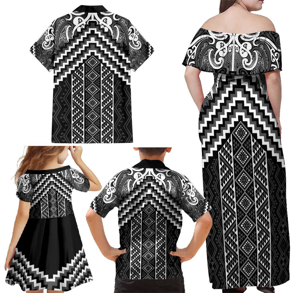 Maori Tukutuku Taniko Motifs Family Matching Off Shoulder Maxi Dress and Hawaiian Shirt Black Poutama Mix Kowhaiwhai LT7 - Polynesian Pride
