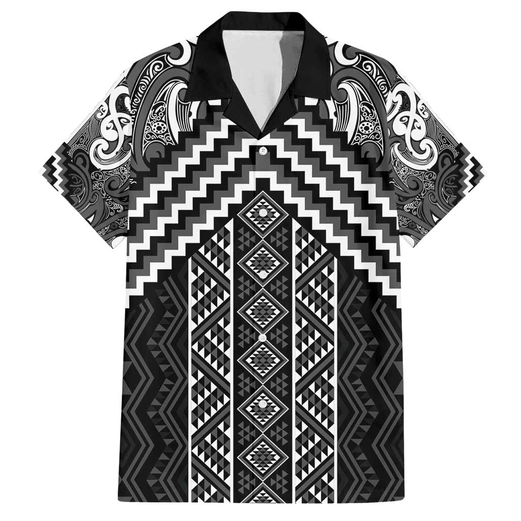 Maori Tukutuku Taniko Motifs Family Matching Off Shoulder Maxi Dress and Hawaiian Shirt Black Poutama Mix Kowhaiwhai LT7 Dad's Shirt - Short Sleeve Black - Polynesian Pride