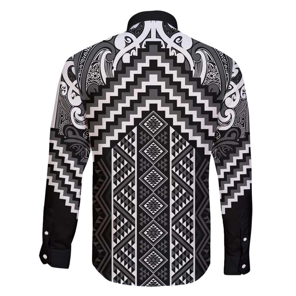 Maori Tukutuku Taniko Motifs Family Matching Off Shoulder Maxi Dress and Hawaiian Shirt Black Poutama Mix Kowhaiwhai LT7 - Polynesian Pride