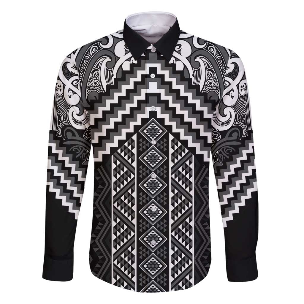 Maori Tukutuku Taniko Motifs Family Matching Off Shoulder Short Dress and Hawaiian Shirt Black Poutama Mix Kowhaiwhai LT7 Dad's Shirt - Long Sleeve Black - Polynesian Pride