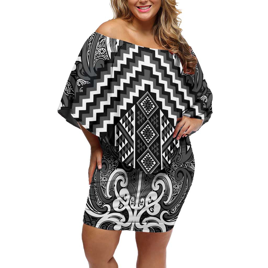 Maori Tukutuku Taniko Motifs Family Matching Off Shoulder Short Dress and Hawaiian Shirt Black Poutama Mix Kowhaiwhai LT7 Mom's Dress Black - Polynesian Pride