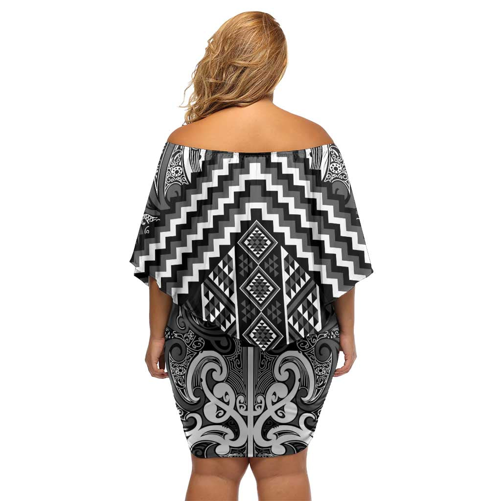 Maori Tukutuku Taniko Motifs Family Matching Off Shoulder Short Dress and Hawaiian Shirt Black Poutama Mix Kowhaiwhai LT7 - Polynesian Pride