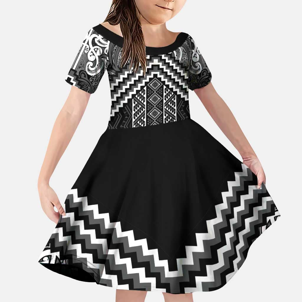 Maori Tukutuku Taniko Motifs Family Matching Puletasi and Hawaiian Shirt Black Poutama Mix Kowhaiwhai LT7 Daughter's Dress Black - Polynesian Pride