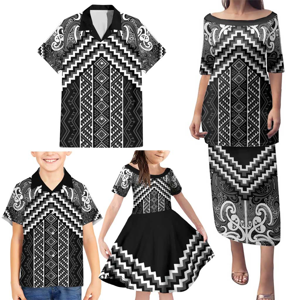 Maori Tukutuku Taniko Motifs Family Matching Puletasi and Hawaiian Shirt Black Poutama Mix Kowhaiwhai LT7 - Polynesian Pride