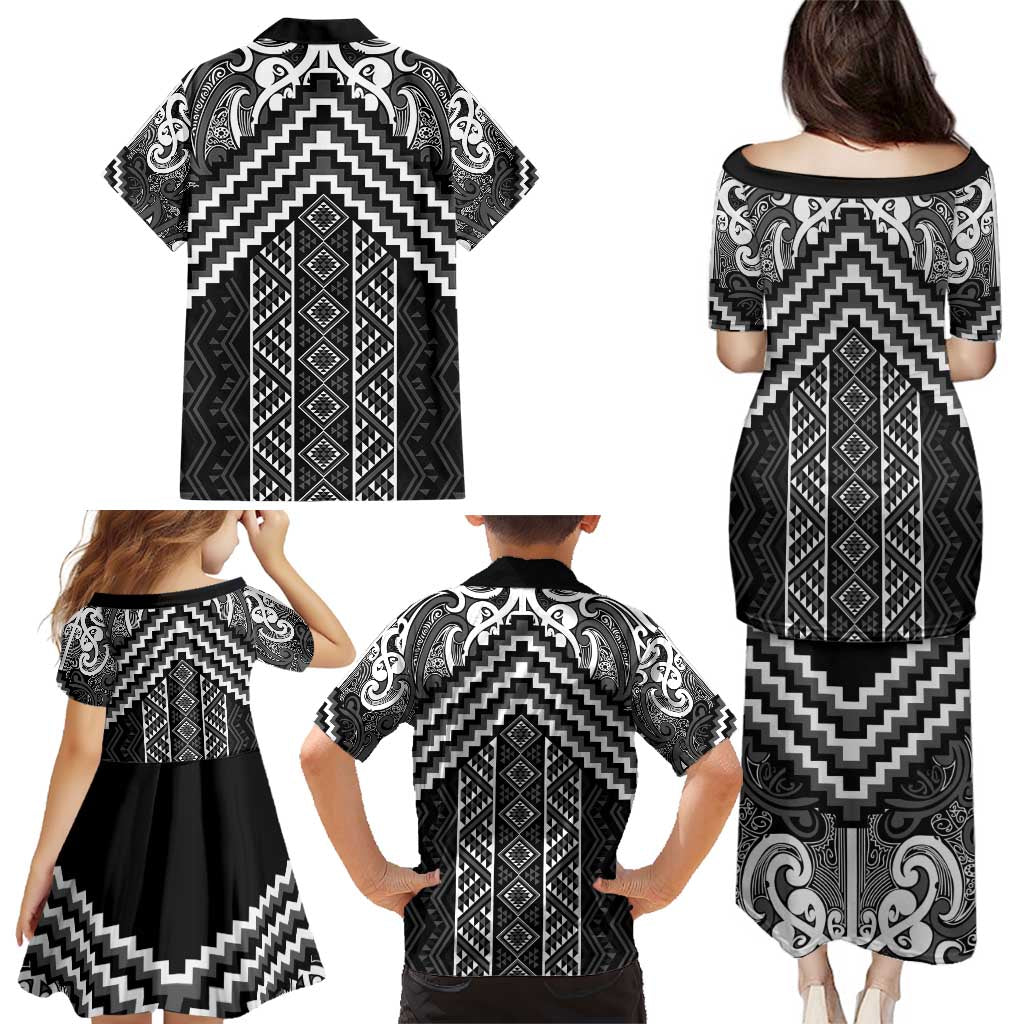 Maori Tukutuku Taniko Motifs Family Matching Puletasi and Hawaiian Shirt Black Poutama Mix Kowhaiwhai LT7 - Polynesian Pride