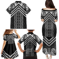 Maori Tukutuku Taniko Motifs Family Matching Puletasi and Hawaiian Shirt Black Poutama Mix Kowhaiwhai LT7 - Polynesian Pride