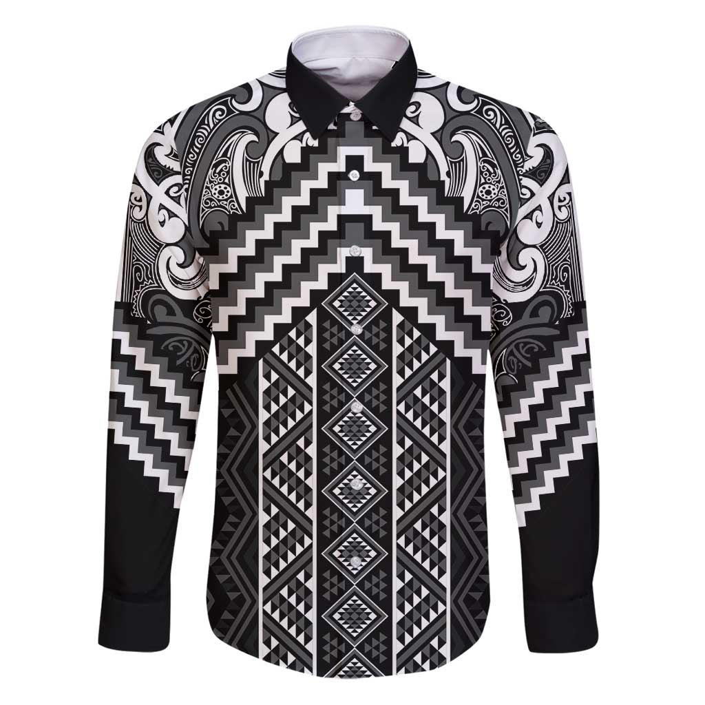 Maori Tukutuku Taniko Motifs Family Matching Puletasi and Hawaiian Shirt Black Poutama Mix Kowhaiwhai LT7 Dad's Shirt - Long Sleeve Black - Polynesian Pride