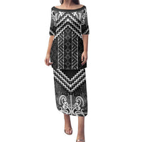 Maori Tukutuku Taniko Motifs Family Matching Puletasi and Hawaiian Shirt Black Poutama Mix Kowhaiwhai LT7 Mom's Dress Black - Polynesian Pride