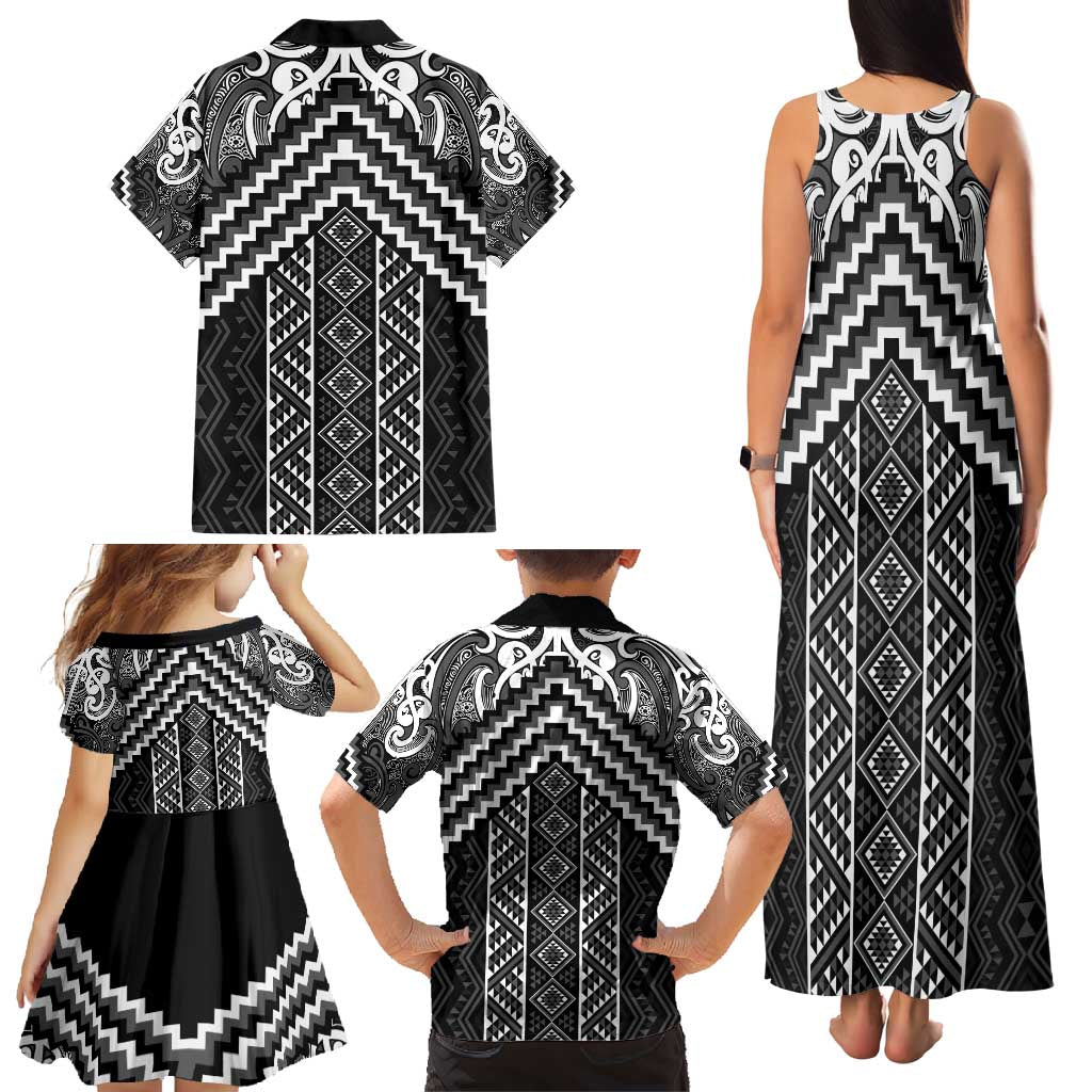 Maori Tukutuku Taniko Motifs Family Matching Tank Maxi Dress and Hawaiian Shirt Black Poutama Mix Kowhaiwhai LT7 - Polynesian Pride