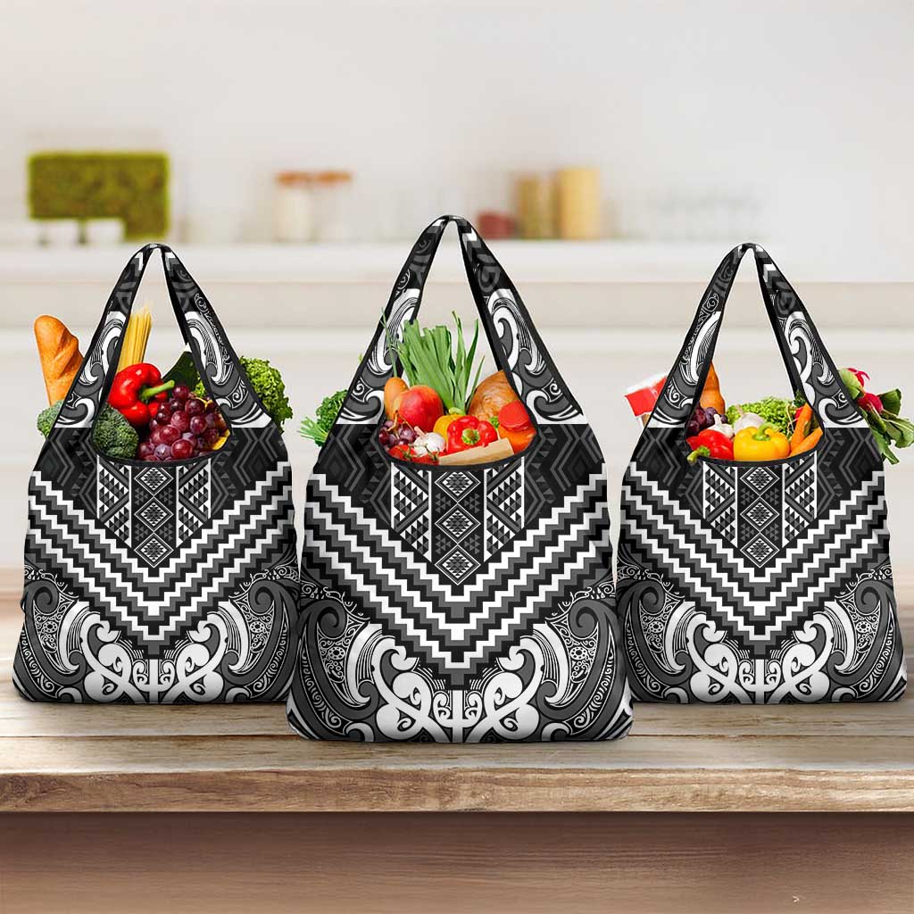 Maori Tukutuku Taniko Motifs Grocery Bag Black Poutama Mix Kowhaiwhai LT7 3-pack One Size Black - Polynesian Pride