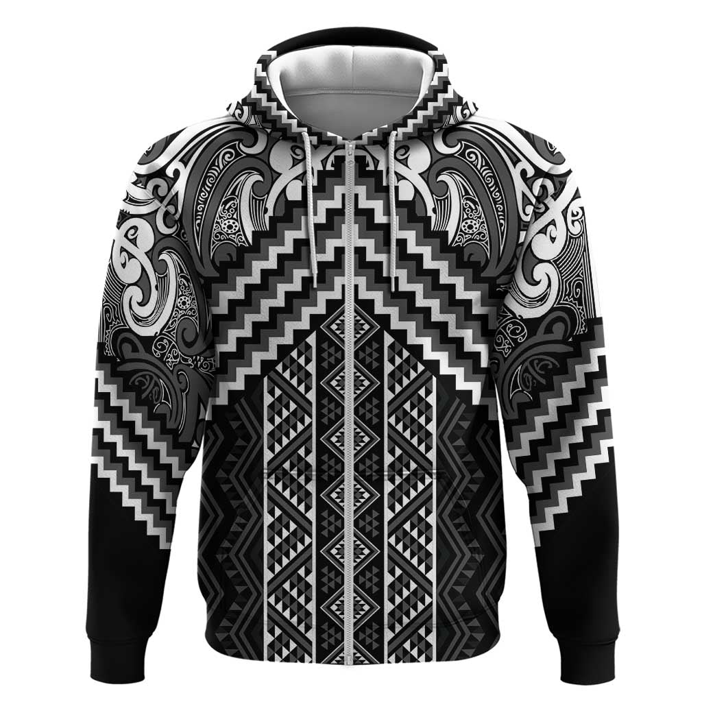 Maori Tukutuku Taniko Motifs Hoodie Black Poutama Mix Kowhaiwhai LT7 Zip Hoodie Black - Polynesian Pride