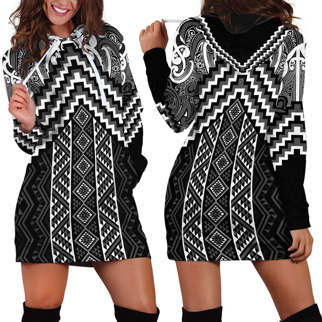Maori Tukutuku Taniko Motifs Hoodie Dress Black Poutama Mix Kowhaiwhai LT7 - Polynesian Pride