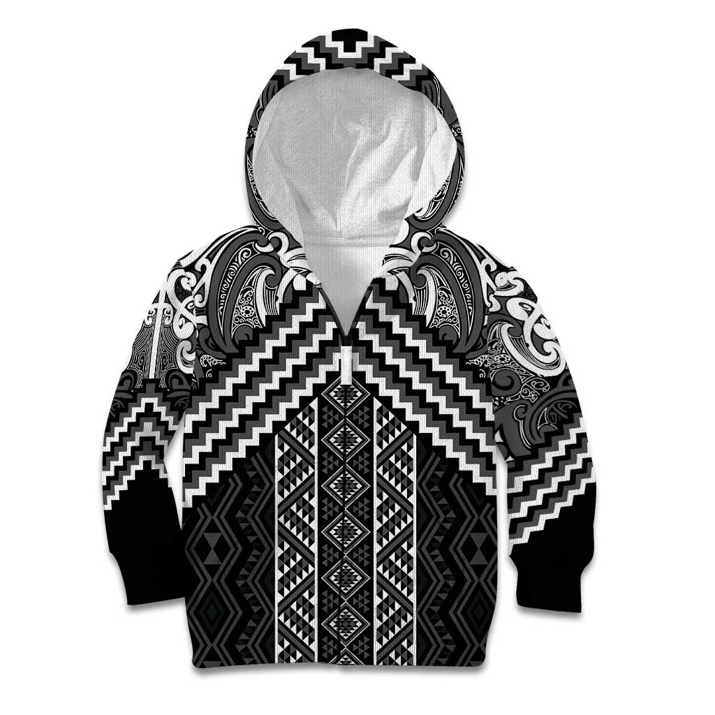 Maori Tukutuku Taniko Motifs Kid Hoodie Black Poutama Mix Kowhaiwhai LT7 Zip Hoodie Black - Polynesian Pride