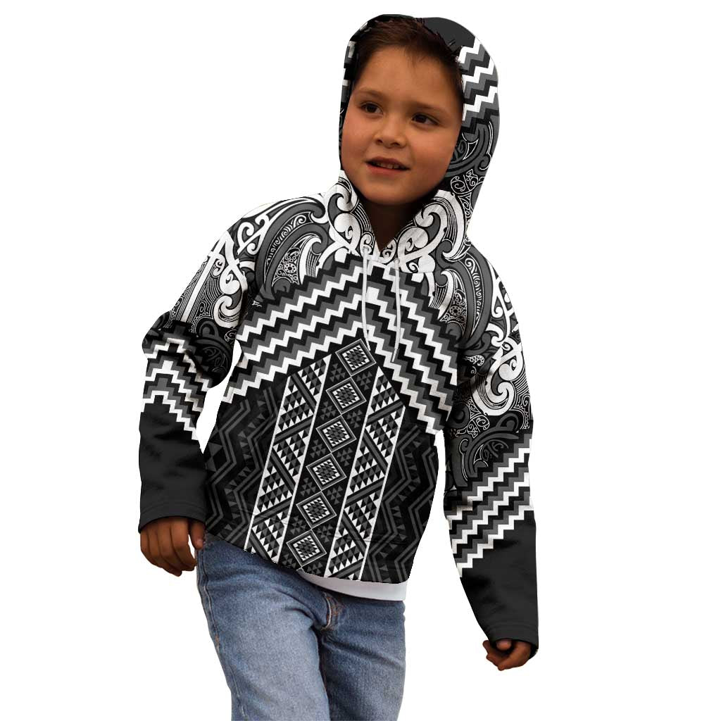 Maori Tukutuku Taniko Motifs Kid Hoodie Black Poutama Mix Kowhaiwhai LT7 - Polynesian Pride